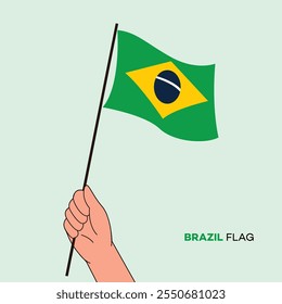 Hand holding Brazil flag in line art drawing style. Brazil hand Flag waving. Vector illustration