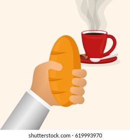 hand holding bread coffee cup dessert