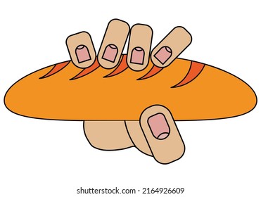 Hand holding bread, isolated on white background in cartoon style in vector graphic