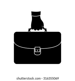 Hand holding briefcase - black vector icon