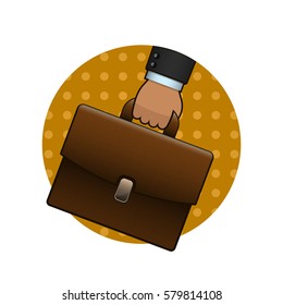 Hand holding briefcase, circle icon in retro pop art style. Vector illustration.