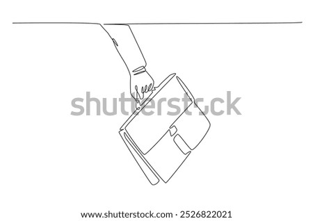 Hand holding briefcase in continuous one line drawing. Simple line art illustration of business bag. Editable vector.
