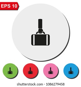 Hand holding briefcase flat round colorful vector icon.