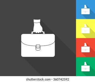 hand holding briefcase icon - gray and colored (blue, yellow, red, green) vector illustration with long shadow