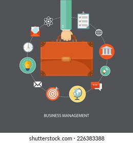 Hand holding briefcase with icons. Business management flat illustration.Eps10