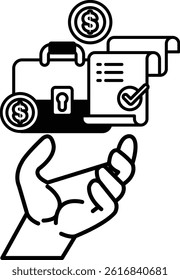 A hand holding a briefcase and a stack of money