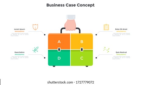 Hand holding briefcase or suitcase divided into 4 rectangular parts. Concept of four features of business case. Modern infographic design template. Flat vector illustration for presentation, report.