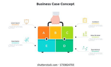 Hand holding briefcase or suitcase divided into 5 rectangular parts. Concept of five features of business case. Modern infographic design template. Flat vector illustration for presentation, report.
