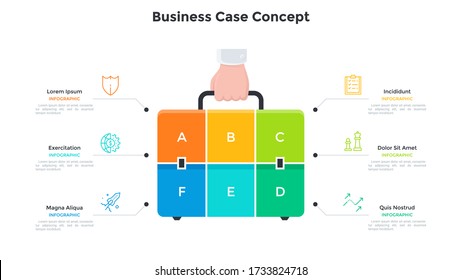 Hand holding briefcase or suitcase divided into 6 rectangular parts. Concept of six features of business case. Modern infographic design template. Flat vector illustration for presentation, report.