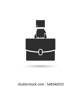 Hand holding briefcase vector simple black icon.