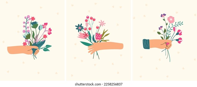 Una mano con un ramo brillante de flores silvestres, hojas, etc. Composiciones minimalistas para celebrar el Día de la Madre, la primavera, el nacimiento, la boda, etc. Ilustración vectorial.