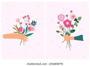 Une main tenant un bouquet de fleurs sauvages. Un arrangement floral pour célébrer un anniversaire, un mariage, la journée de la mère, le printemps, etc. Illustration Vectorielle minimaliste