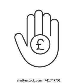 Hand holding British pound linear icon. Thin line illustration. Great Britain currency. Contour symbol. Vector isolated outline drawing