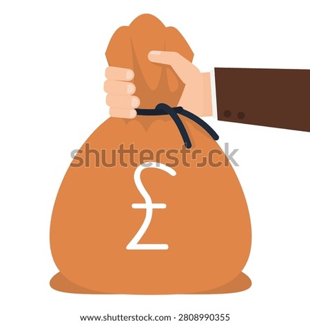 Hand Holding British Pound Money Bag Vector Illustration Cash Payment Wealth Income UK Finance. Businessman hand gripping brown money bag with British Pound Sterling symbol. Icon for UK financial services branding, British investment company graphics, London banking advertisements, UK wealth management presentations