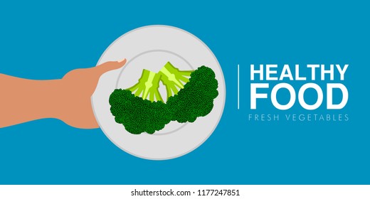 Hand Holding A Brocoli. Healthy Food Concept. Vector Illustration Design