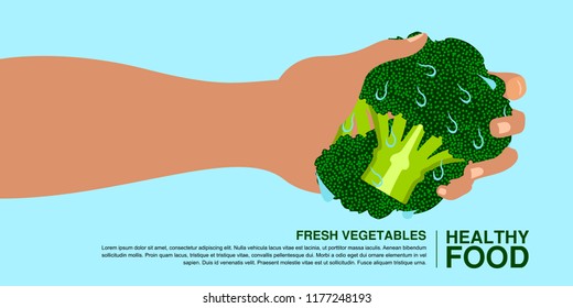 Hand Holding A Brocoli. Healthy Food Concept. Vector Illustration Design