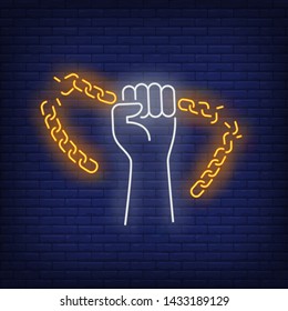 Hand holding broken chain neon sign. Justice, freedom, enforcement design. Night bright neon sign, colorful billboard, light banner. Vector illustration in neon style.