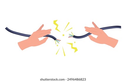 Hand holding broken electrical cable with electric spark. vector illustration.