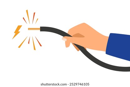 Mano que sostiene el cable eléctrico roto con la chispa eléctrica. Vector de cable roto eléctrico aislado sobre fondo blanco