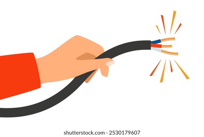 Hand holding broken electrical cable with electric spark. Electric broken cable vector isolated on white background