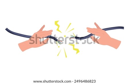 Hand holding broken electrical cable with electric spark. vector illustration.