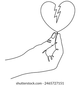 Mano sosteniendo el corazón roto continuo una línea de dibujo. Concepto de amor. Ilustración vectorial aislada en blanco.