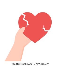 Mano sosteniendo el corazón roto. Relación, citas, romance, conceptos de sentimientos. Ilustración aislada de diseño de Vector plano.