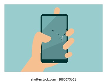 Hand holding a broken screen smartphone. Simple flat illustration