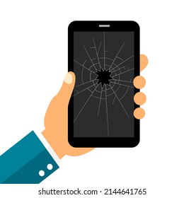 Hand holding broken screen smartphone in flat design on white background.
