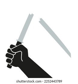 Una mano con una espada rota. Agresión fallida. El enemigo es derrotado. Ilustración vectorial plana aislada en fondo blanco.