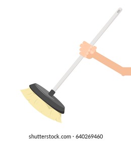 Hand holding broom. Vector illustration isolated on white background