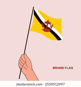 Hand holding Brunei flag in line art drawing style. Brunei hand Flag waving. Vector illustration