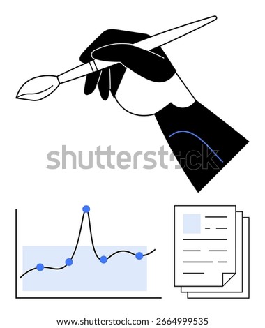 Hand holding brush documents line graph. Ideal for creativity, data analysis, balance, innovation, productivity, artistry, synergy Line metaphor