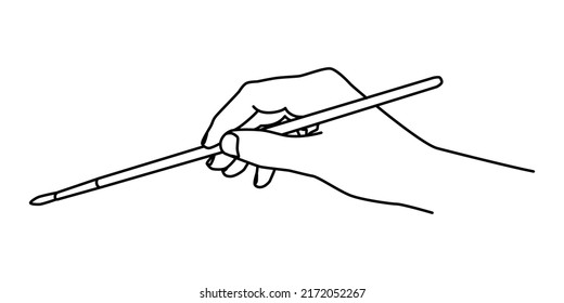 Hand holding a brush hand drawn with thin line. Teaching painting, professional artist, art school student concept. Vector illustration isolated on white background