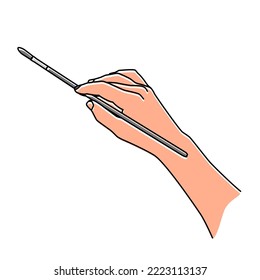 Hand holding a brush hand drawn with thin line