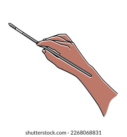 Hand holding a brush hand drawn with thin line