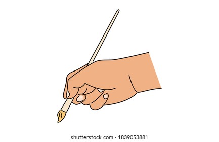 Hand holding a brush. Line art color illustration