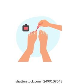 Hand holding brush to paint toenails with red polish in pedicure process vector illustration