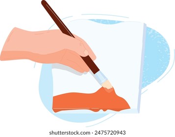 Hand holding brush painting orange stroke, creativity illustration, drawing. Artistic concept creative painter, digital art design isolated white background. Visual arts paintbrush artwork creating