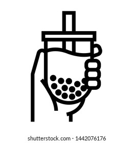 Hand holding bubble milk tea cup. Stroke outline style. Vector. Isolate on white background.