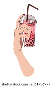 Hand holding Bubble Milk Tea in a plastic cup with a straw. Delicious drink with tapioca and milk. Flat cartoon illustration isolated on white background