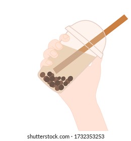 Hand is holding a bubble tea. A cold soft drink for summer. Sweet beverage. Tasty and yummy food. A takeaway Product logo or advertisement.