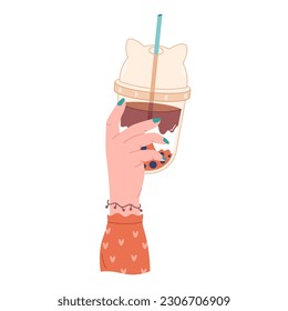 Hand holding bubble tea cup with tapioca pearls. Boba tea.Taiwanese drink. Summer cold drink. Hand drawn vector illustration