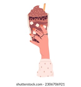 Hand holding bubble tea cup with tapioca pearls. Boba tea.Taiwanese drink. Summer cold drink. Hand drawn vector illustration