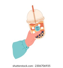 Hand holding bubble tea cup with tapioca pearls. Boba tea.Taiwanese drink. Summer cold drink. Hand drawn vector illustration