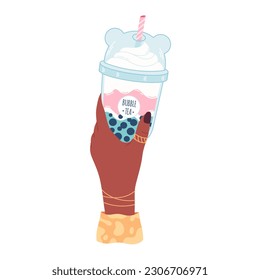 Hand holding bubble tea cup with tapioca pearls. Boba tea.Taiwanese drink. Summer cold drink. Hand drawn vector illustration