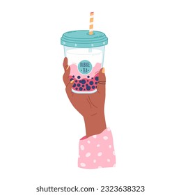 Hand holding bubble tea cup with tapioca pearls. Boba tea. Summer cold drink. Hand drawn vector illustration