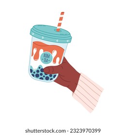 Hand holding bubble tea cup with tapioca pearls. Boba tea. Summer cold drink. Hand drawn vector illustration