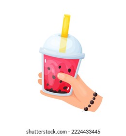 Hand holding bubble tea, vector illustration, isolated drawing, refreshing drink