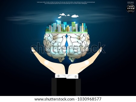 A hand holding - Building in the city Brain -  idea and concept   illustration  Background.